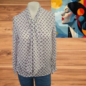 H&M Women's Tie Neck Blouse – Long Sleeve Geometric Print‎ Top Size 2